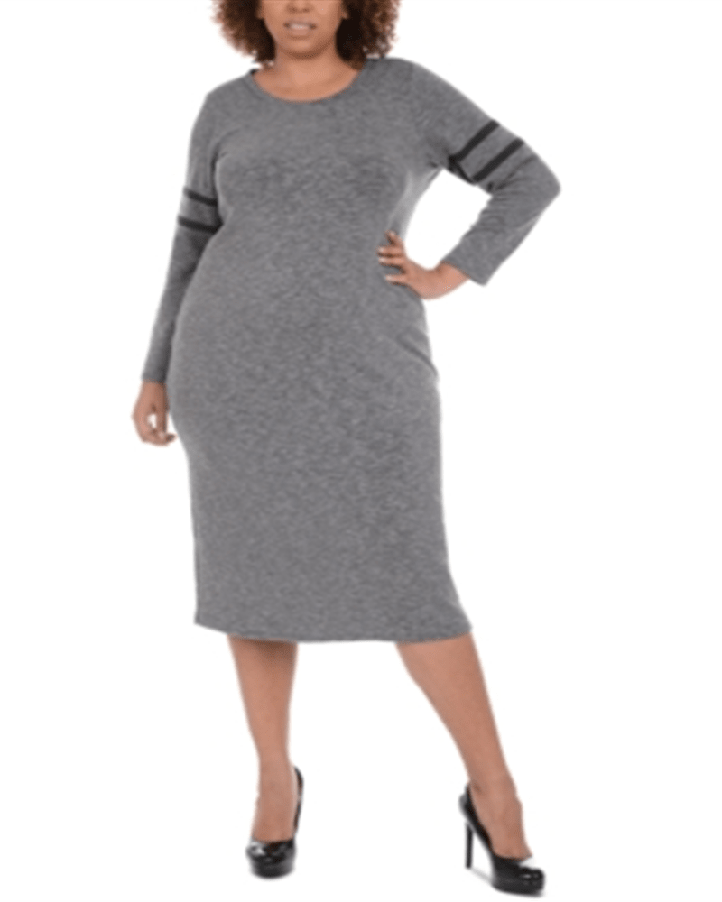 Front of a model wearing a size 1X NY Collection Women's Plus Sweaterdress MIDI Striped - Eyvia Gray Size 1X in Gray by NY Collection. | dia_product_style_image_id:312954